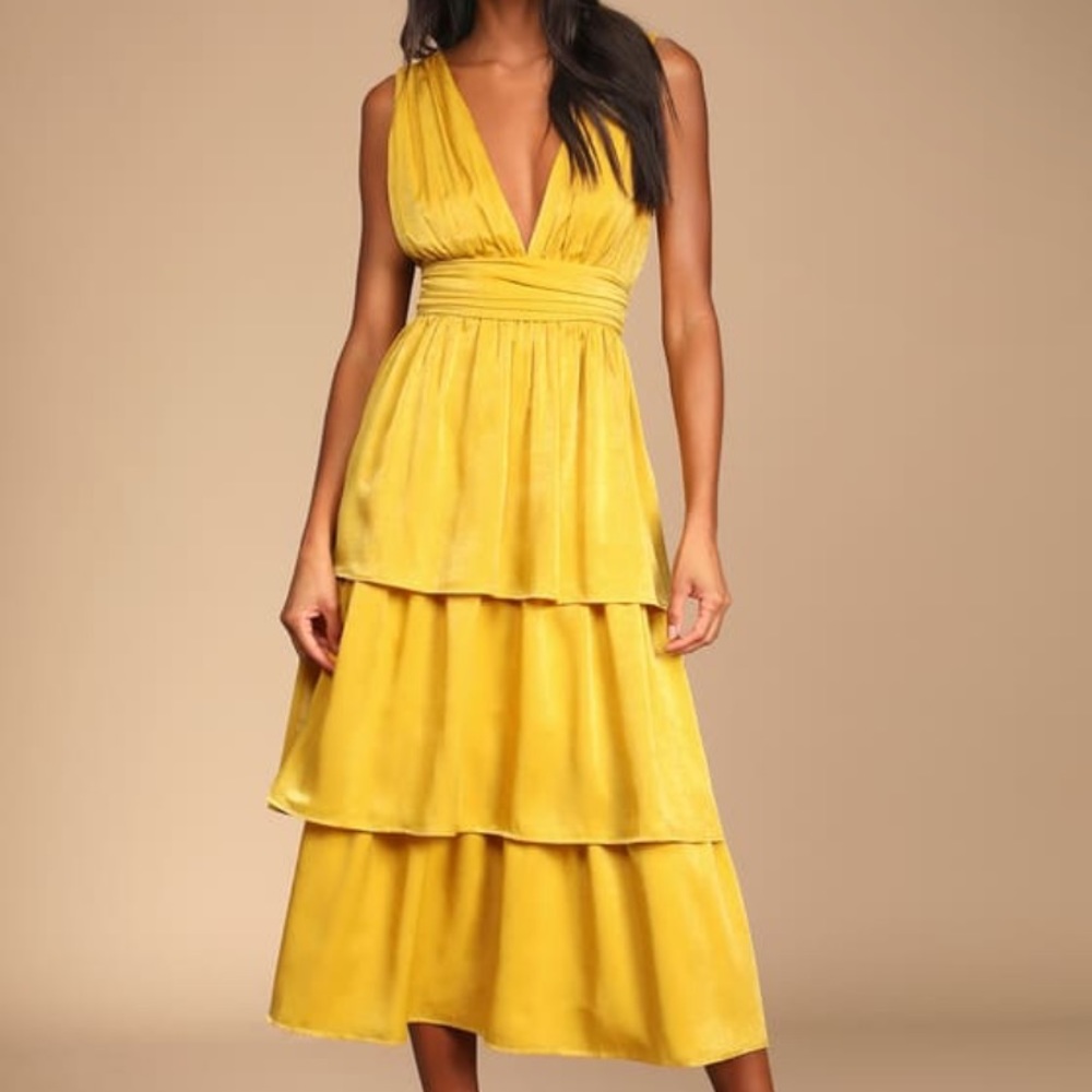 Peak Party Vibe Mustard Yellow Satin Tiered Tie-Back Midi Dress